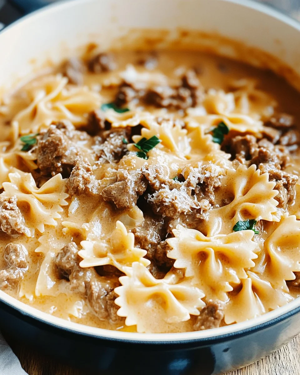 Cheesy Beef And Bowtie Pasta In Garlic Butter Cheesy