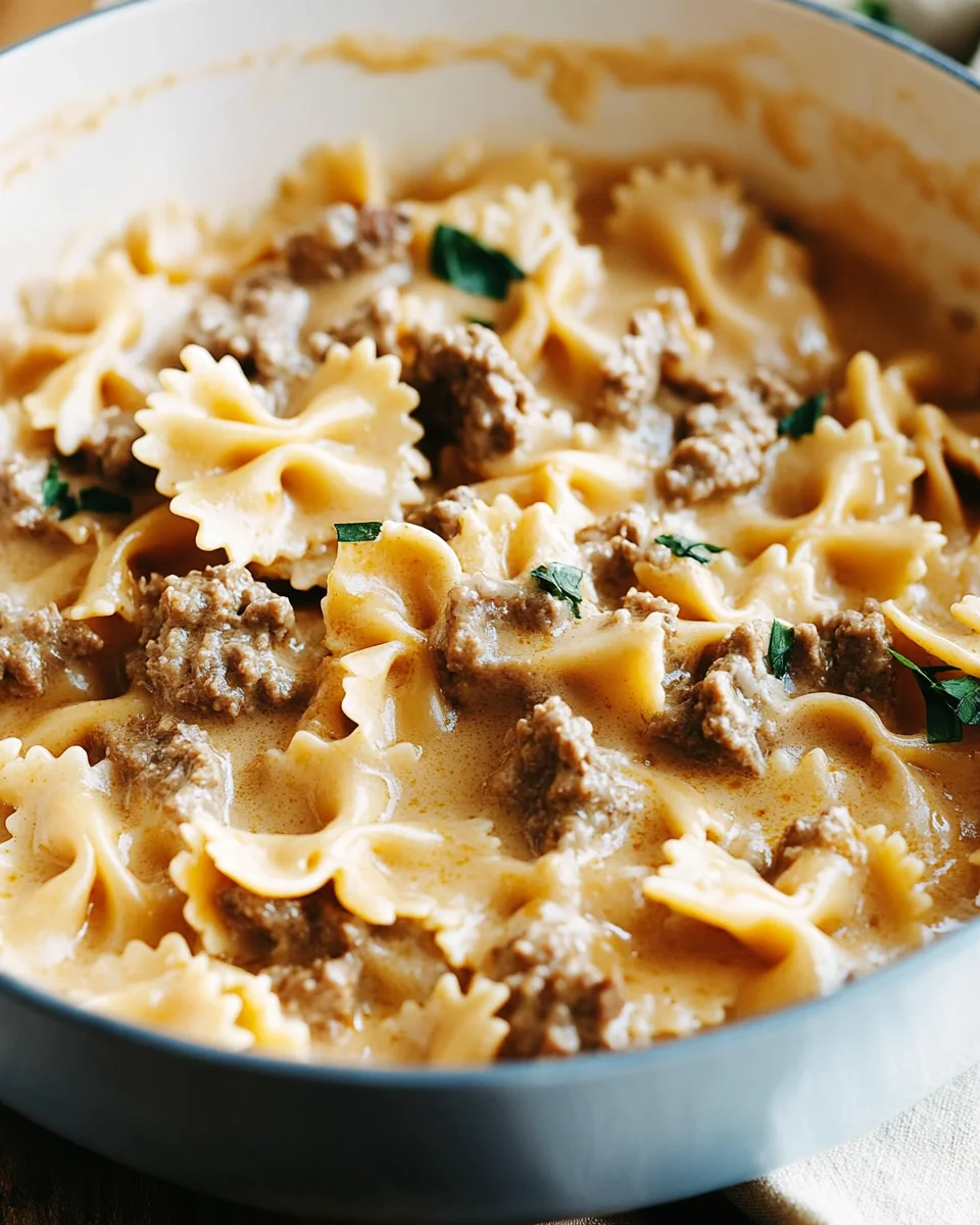 Cheesy Beef And Bowtie Pasta In Garlic Butter Cheesy