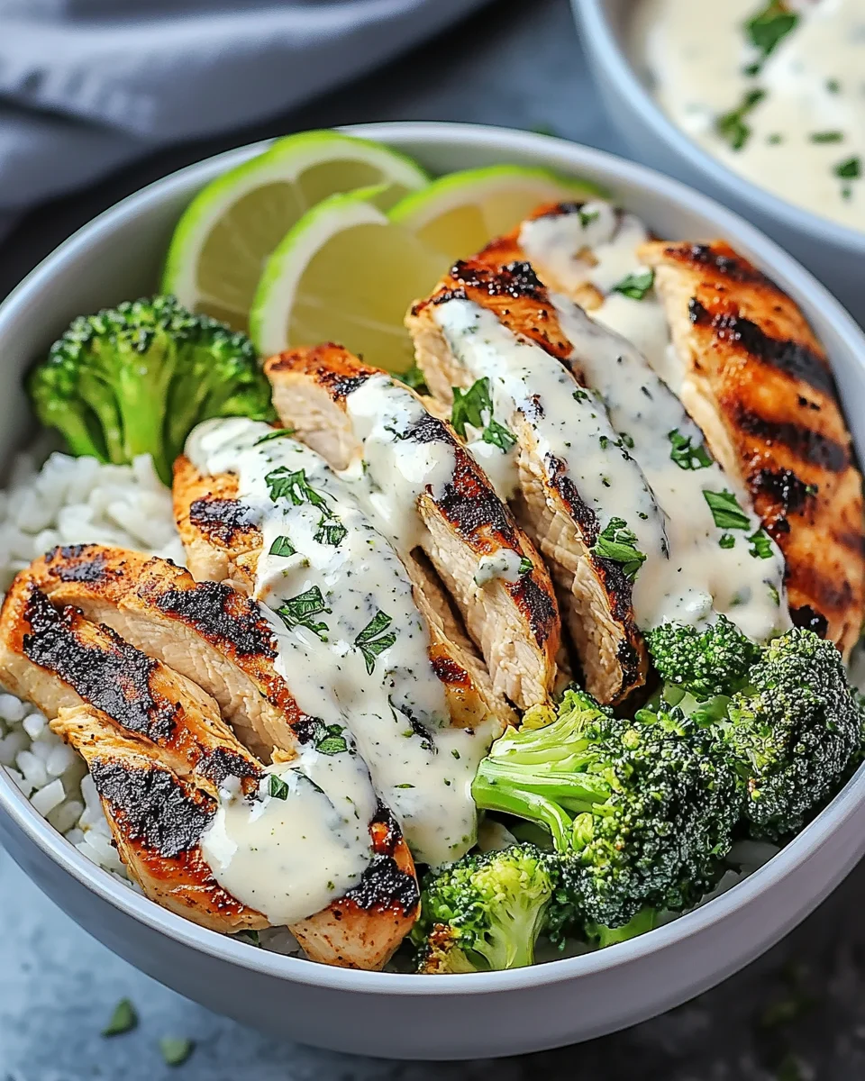 Grilled Chicken & Broccoli Bowls with Creamy Garlic Sauce Grilled