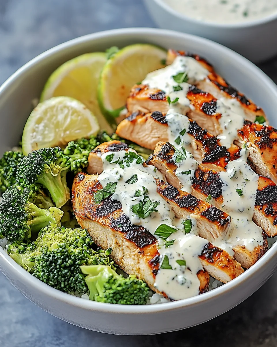 Grilled Chicken & Broccoli Bowls with Creamy Garlic Sauce Grilled