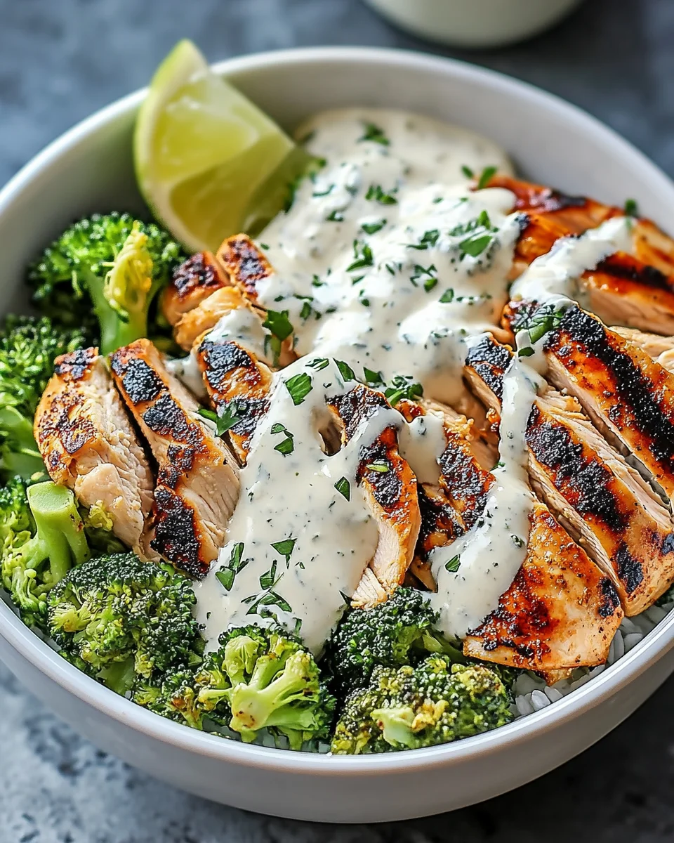 Grilled Chicken & Broccoli Bowls with Creamy Garlic Sauce Grilled