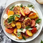 Corn Fritter Caprese with Peaches and Tomatoes