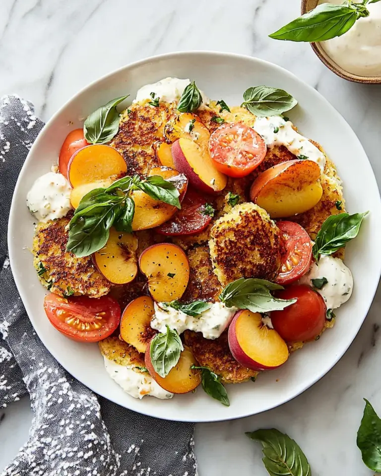 Corn Fritter Caprese with Peaches and Tomatoes