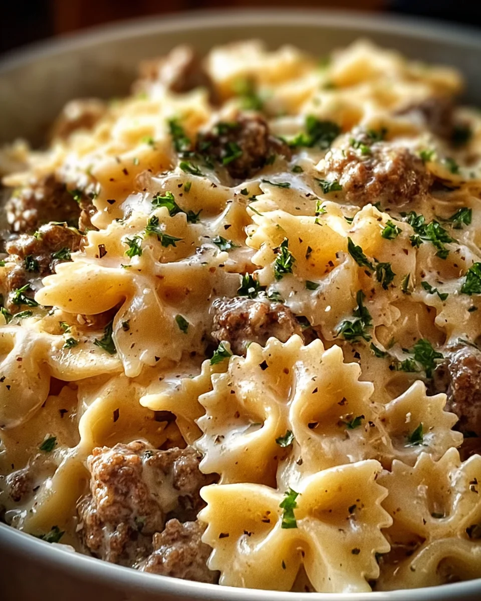 Beef and Bowtie Pasta with Alfredo Sauce Beef and Bowtie Pasta with Alfredo Sauce