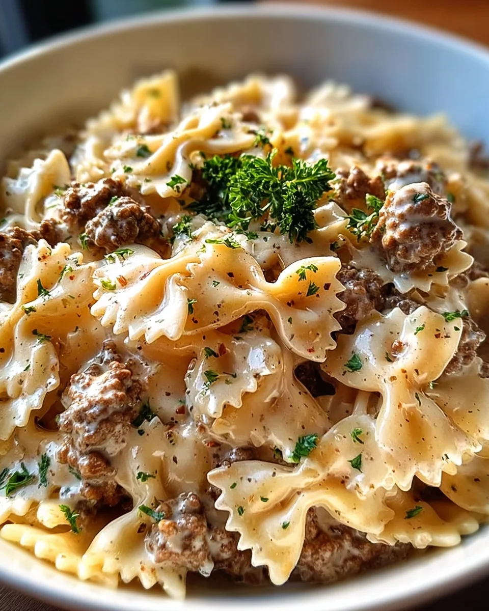 Beef and Bowtie Pasta with Alfredo Sauce Beef