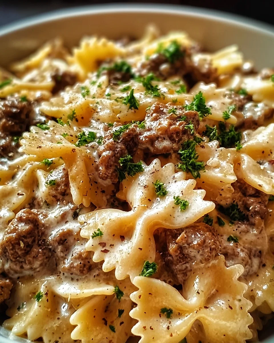 Beef and Bowtie Pasta with Alfredo Sauce Beef