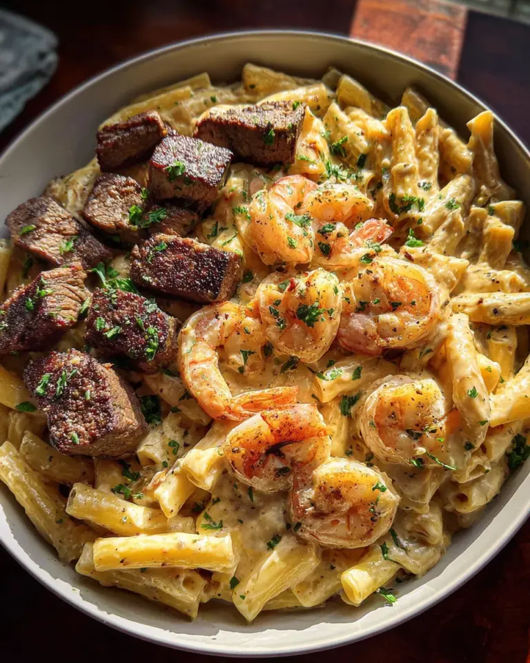Blackened Steak and Shrimp Alfredo