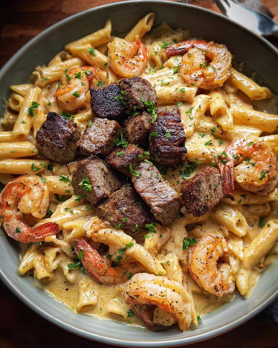 Blackened Steak and Shrimp Alfredo Blackened