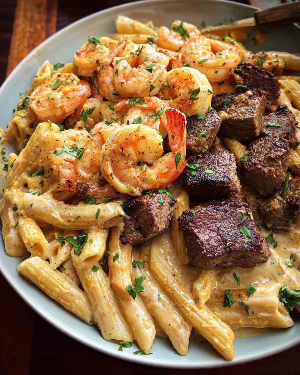 Blackened Steak and Shrimp Alfredo Blackened