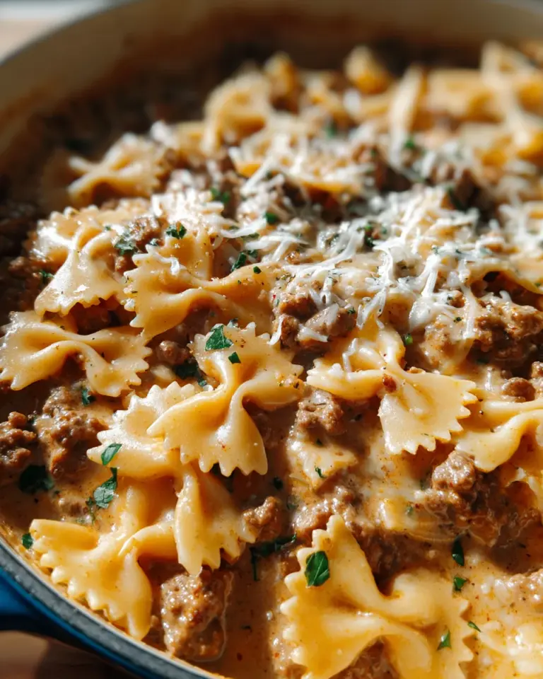 Cheesy Beef and Bowtie Pasta in Garlic Butter