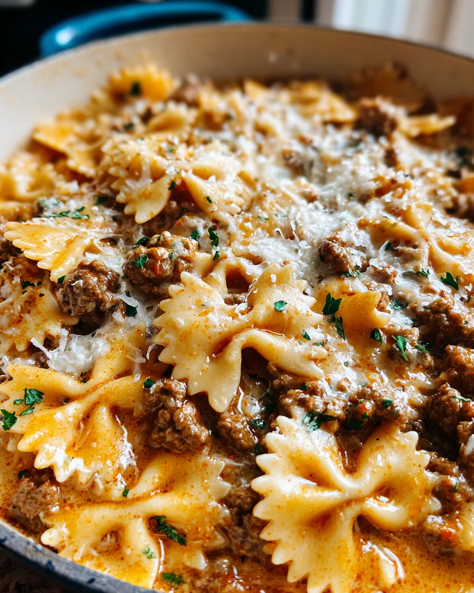Cheesy Beef and Bowtie Pasta in Garlic Butter Cheesy