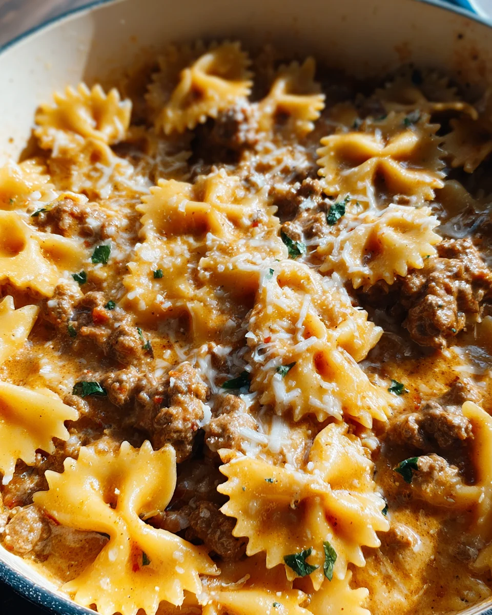 Cheesy Beef and Bowtie Pasta in Garlic Butter Cheesy