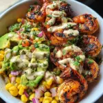 Grilled Shrimp Bowl with Avocado, Corn Salsa & Creamy Garlic Sauce