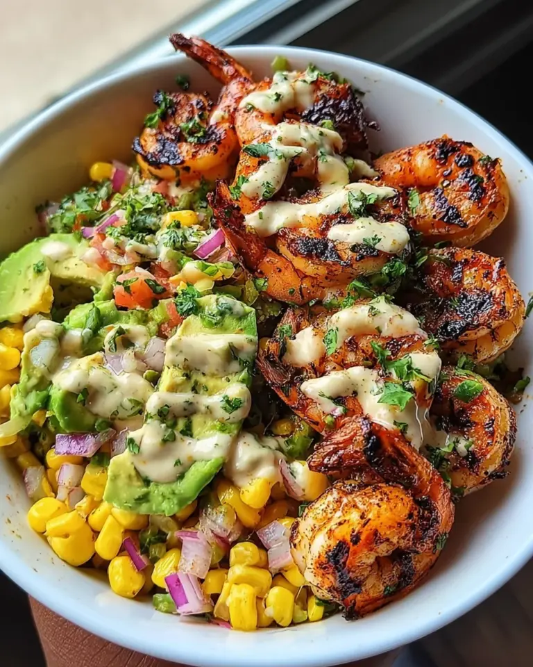 Grilled Shrimp Bowl with Avocado, Corn Salsa & Creamy Garlic Sauce