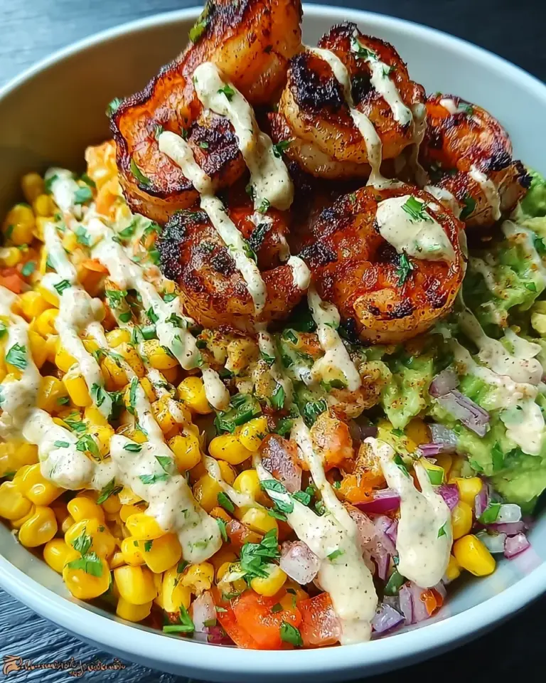 Grilled Shrimp Bowl with Avocado, Corn Salsa & Creamy Sauce