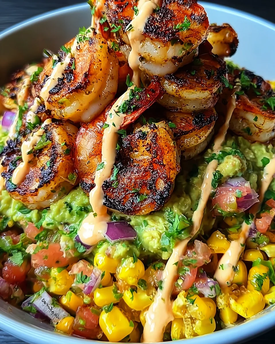 Grilled Shrimp Bowl with Avocado, Corn Salsa & Creamy Sauce Grilled
