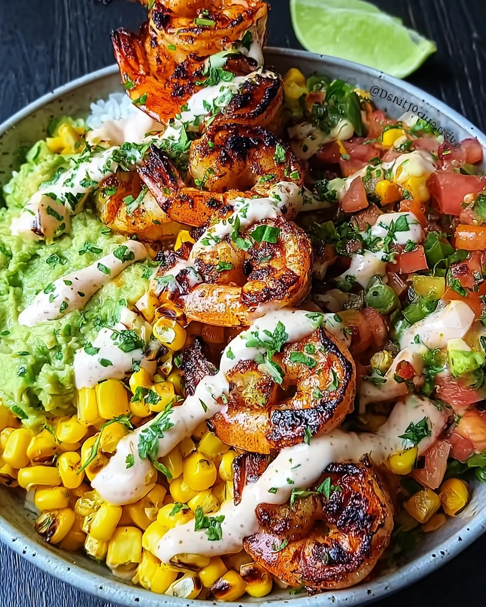 Grilled Shrimp Bowl with Avocado, Corn Salsa & Creamy Sauce Grilled