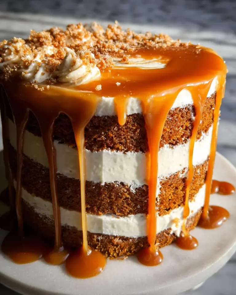 Pumpkin Cake with Cream Cheese Frosting and Salted Caramel Drizzle