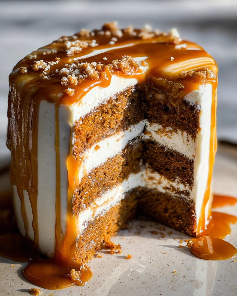 Pumpkin Cake with Cream Cheese Frosting and Salted Caramel Drizzle Pumpkin