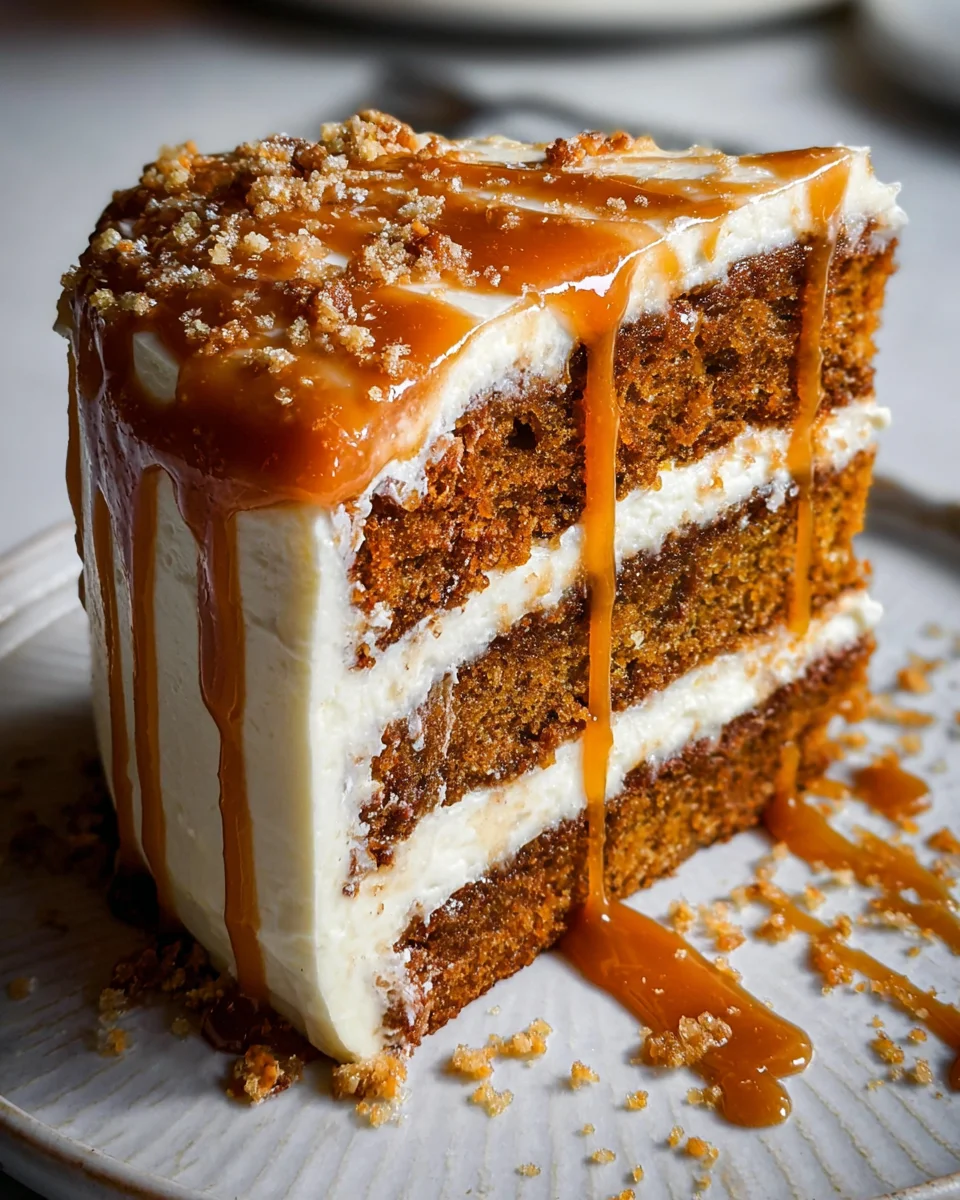 Pumpkin Cake with Cream Cheese Frosting and Salted Caramel Drizzle Pumpkin