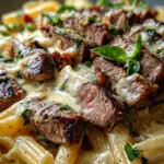 Steak and Creamy Garlic Parmesan Pasta