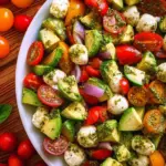 Tomato Cucumber Avocado Salad with Mozzarella and Basil Pesto Tomato Cucumber Avocado Salad with Mozzarella and Basil Pesto