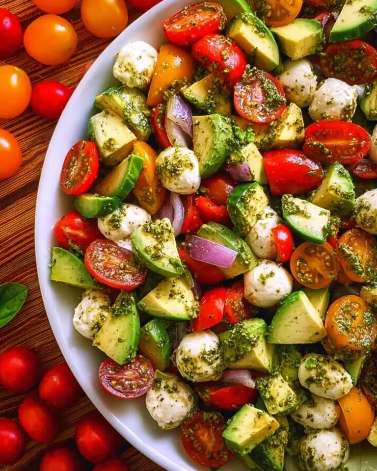 Tomato Cucumber Avocado Salad with Mozzarella and Basil Pesto