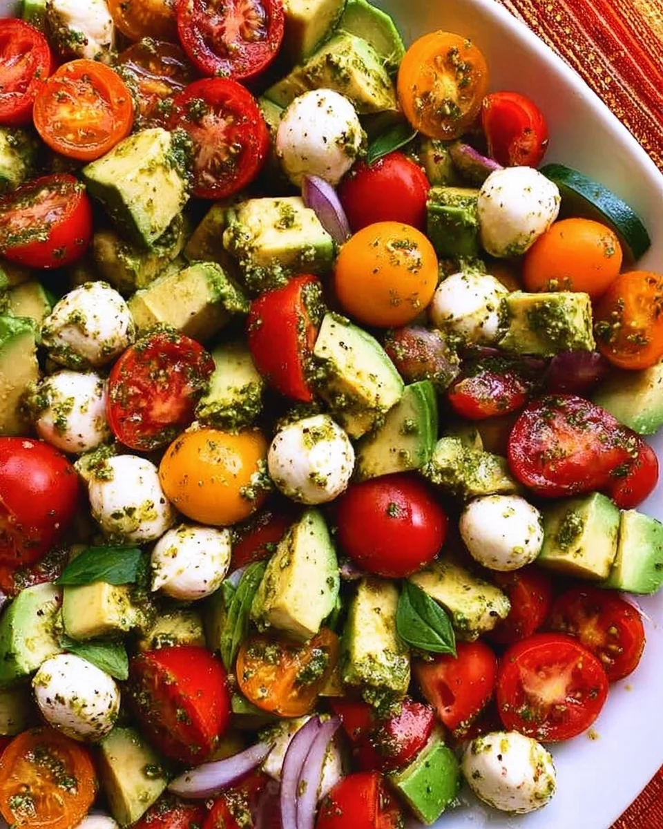 Tomato Cucumber Avocado Salad with Mozzarella and Basil Pesto Tomato