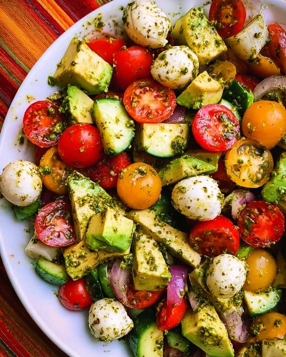Tomato Cucumber Avocado Salad with Mozzarella and Basil Pesto Tomato