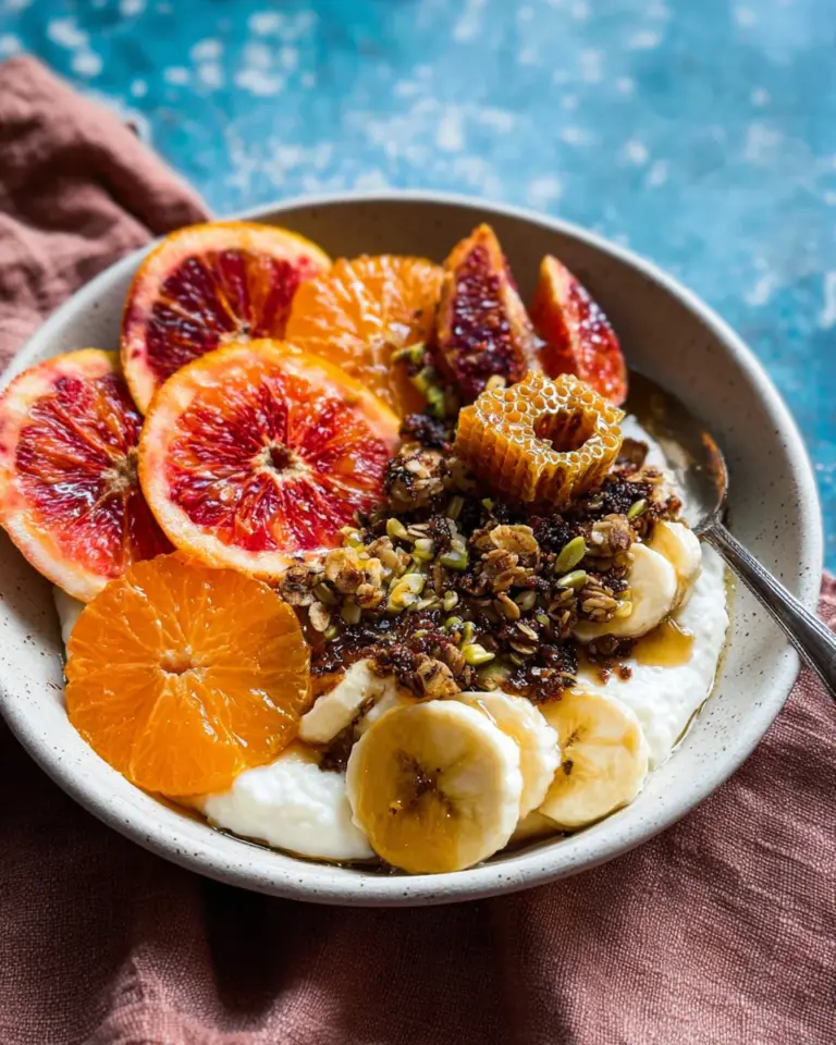 Winter Citrus Ricotta Breakfast Bowl with Honeycomb.