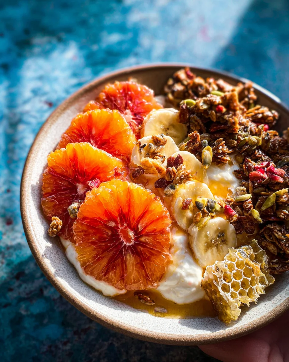 Winter Citrus Ricotta Breakfast Bowl with Honeycomb. Winter