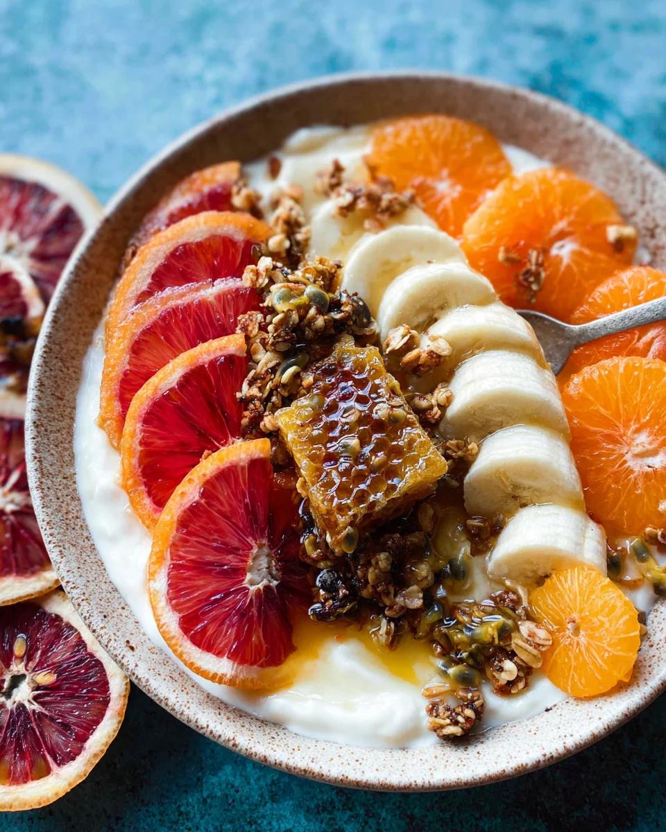 Winter Citrus Ricotta Breakfast Bowl with Honeycomb. Winter