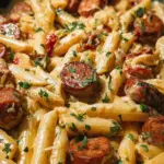 One-Skillet Sticky Garlic Butter Cajun Sausage Pasta