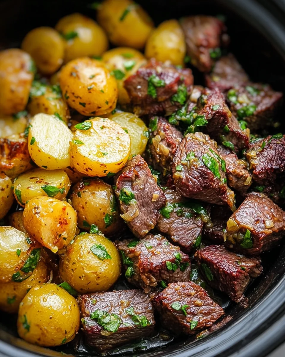 Slow Cooker Garlic Butter Beef Bites & Potatoes