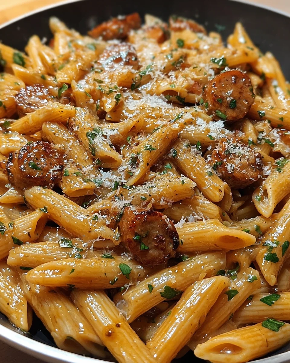 Sticky Sweet Garlic Parmesan Sausage Penne