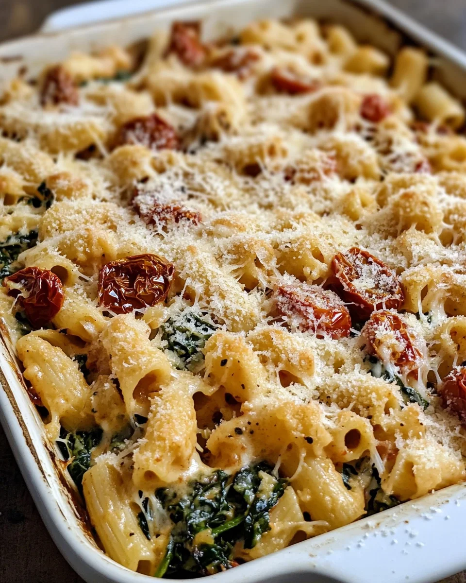 Baked Boursin Cheese Pasta with Sundried Tomatoes and Spinach