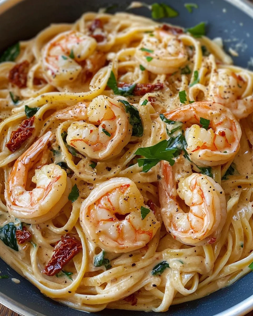 Creamy Tuscan shrimp linguine