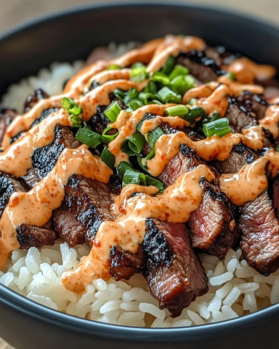 Korean BBQ Steak Rice Bowls with Spicy Cream Sauce
